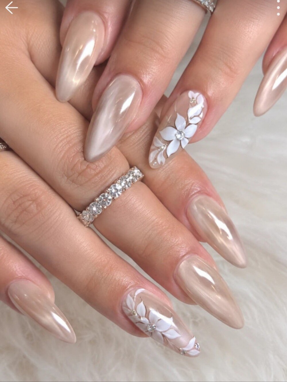 Nude Pearl Stiletto Nails with 3D White Floral Accent - Women Makeup